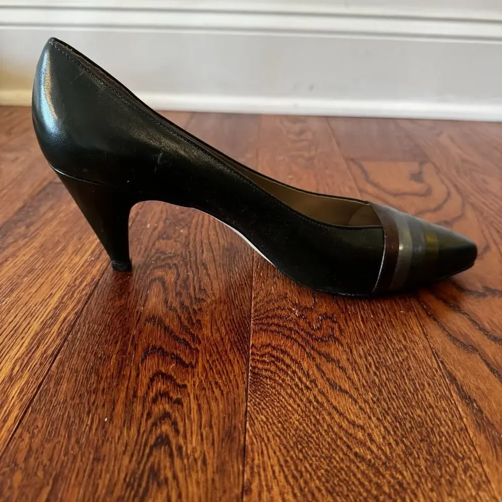 VTG Etienne Aigner Womens 8N Pumps Green Metallic Stripe Made in Spain‎ Damage